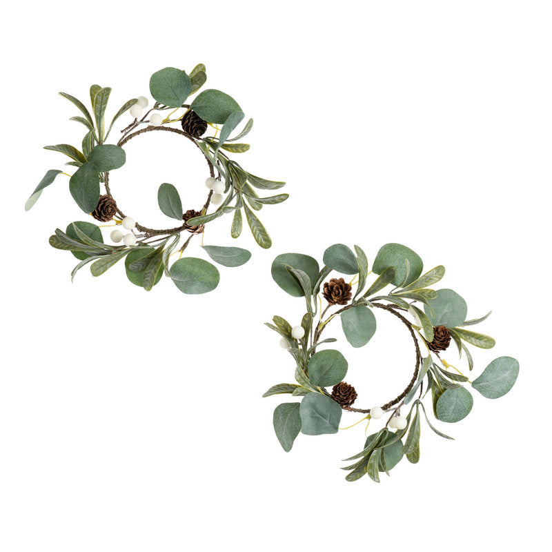 Set of 2 Mistletoe & Cone Candle rings